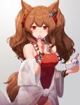  1girl absurdres angelina_(arknights) angelina_(summer_flowers)_(arknights) animal_ear_fluff animal_ears arknights bangs bare_shoulders blush bowl breasts brown_hair cleavage collarbone cowboy_shot dokgo_die_docta_(d_o_t) eating eyebrows_visible_through_hair food fox_ears fox_girl fox_tail hair_ribbon highres holding holding_bowl ice_cream ice_cream_spoon infection_monitor_(arknights) jewelry long_hair looking_at_viewer medium_breasts necklace official_alternate_costume red_eyes red_ribbon red_swimsuit ribbon see-through simple_background solo spoon swimsuit tail twintails white_background wristband 