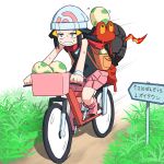  1girl arrow_(symbol) backpack bag beanie bicycle bicycle_basket black_hair black_shirt boots brown_bag clenched_teeth commentary_request dawn_(pokemon) egg gameplay_mechanics grass ground_vehicle hair_ornament hat highres long_hair magcargo motion_lines outdoors pink_footwear pink_skirt poke_ball_print pokemon pokemon_(creature) pokemon_(game) pokemon_dppt pokemon_egg red_scarf riding_bicycle road road_sign scarf shadow shirt sign skirt sleeveless sleeveless_shirt speed_lines sweat teeth translation_request white_headwear yachima_tana 