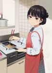  1girl apron artist_name black_hair chopsticks cooking hair_bun half_updo looking_at_viewer mattaku_mousuke original pout short_hair solo standing stove watermark 