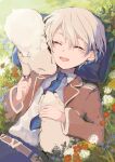  1boy blush bunny closed_eyes collared_shirt cuddling fangs flower formal highres laughing long_sleeves lying male_focus necktie original outdoors pale_skin pillow shirt smile suit white_hair yunomori_r 