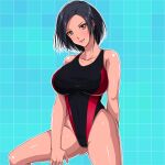  1girl black_hair black_swimsuit blue_background blue_eyes brainbuster-naito breasts collarbone commentary_request competition_swimsuit cowboy_shot grid_background head_tilt highleg highleg_swimsuit highres large_breasts lips looking_at_viewer one-piece_swimsuit original short_hair solo swimsuit 
