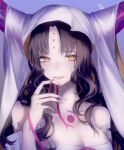  1girl bangs black_hair breasts camisole chest_tattoo chinese_commentary cleavage close-up commentary detached_sleeves facial_mark fate/extra fate/extra_ccc fate/grand_order fate_(series) forehead_mark forehead_tattoo hand_up horns large_breasts long_hair looking_at_viewer open_mouth parted_bangs pink_ribbon purple_background qing_yu ribbon sesshouin_kiara signature smile solo tattoo upper_body veil white_camisole white_sleeves yellow_eyes 