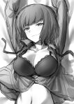  1girl absurdres arms_up blush bra brave_witches breasts cleavage eyebrows_visible_through_hair fankupl gundula_rall highres large_breasts looking_at_viewer lying midriff monochrome short_hair sketch smile solo unbuttoned unbuttoned_shirt underwear undone_necktie world_witches_series 