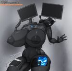  2020 anthro anthrofied areola big_areola big_breasts black_body black_skin breasts computer_monitor computer_mouse curvy_figure digital_media_(artwork) female fingers for_a_head grey_background hb-viper headphones hi_res huge_breasts machine monitor mousepad nipples not_furry nude object_head robot screen screen_face screen_head signature simple_background solo standing tablet tablet_pen thick_thighs voluptuous 
