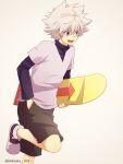  1boy blue_eyes child commentary_request highres hunter_x_hunter killua_zoldyck long_sleeves looking_to_the_side nakamu_405 open_mouth shirt short_hair shorts simple_background skateboard white_hair 