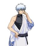 1boy bangs black_eyes black_shirt blue_hair chinese_commentary clenched_hand closed_mouth collarbone commentary_request covered_collarbone cowboy_shot eyebrows_visible_through_hair gintama godzillapigeon1 grey_background hand_on_hip hand_up highres male_focus off_shoulder sakata_gintoki sash shirt short_hair sidelocks simple_background single_bare_shoulder sketch skin_tight sleeveless sleeveless_shirt solo standing white_background 