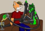  animate_inanimate anthro beverage bottle bottomwear canid canine clothing duo female foot_grab fox furniture glass living_rubber male male/female mammal multi_arm multi_limb pants pouring procyonid raccoon rsquared shirt sitting sofa stretchy topwear 