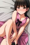  1girl absurdres bangs bare_arms bed_sheet black_hair black_legwear blush breasts brown_hair cleavage closed_mouth commentary_request eyebrows_visible_through_hair highres long_hair looking_at_viewer lying matsunaga_kouyou on_back original panties pink_babydoll pink_panties removing_legwear small_breasts smile solo thighs underwear 