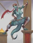  2022 4_toes 5_fingers amphibian anthro areola aurancreations breasts feet female fingers genitals green_body green_eyes hi_res kunai ninja nipples pussy salamander_(amphibian) solo teeth toes warrior weapon 