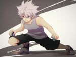  1boy blue_eyes child commentary_request highres holding holding_weapon hunter_x_hunter killua_zoldyck looking_at_viewer nakamu_405 shirt short_hair shorts simple_background solo weapon white_hair 