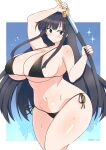  1girl bikini black_bikini black_hair blue_eyes border breasts cleavage highres holding holding_sword holding_weapon huge_breasts ikaruga_(senran_kagura) long_hair navel ootachi senran_kagura sheath side-tie_bikini sidelocks solo sweat swimsuit sword unsheathing weapon wedge_(tyrl_stride) white_border wide_hips 