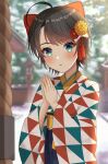  1girl absurdres ahoge aqua_eyes bangs blurry blurry_background blush bow brown_hair commentary_request eyebrows_visible_through_hair flower hair_bow hair_flower hair_ornament hatsumoude highres hisui_(user_zvkr2432) hololive japanese_clothes kimono looking_at_viewer new_year oozora_subaru open_mouth outdoors own_hands_together praying red_bow short_hair shrine solo virtual_youtuber 