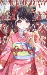  1girl absurdres black_hair blurry blurry_background commentary_request double_bun fang floral_print flower fukumaru_koito hair_flower hair_ornament highres idolmaster idolmaster_shiny_colors japanese_clothes kimono looking_at_viewer obi pink_kimono print_kimono purple_eyes sash skin_fang solo twintails user_zfjc4874 wide_sleeves 