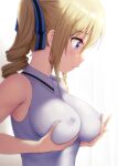  1girl angelina_kudou_shields bare_shoulders black_ribbon blonde_hair blue_eyes blue_ribbon breast_lift breasts collared_shirt commentary_request covered_nipples drill_hair eyebrows_visible_through_hair from_side grabbing_own_breast hair_ribbon highres large_breasts long_hair looking_at_breasts looking_down mahouka_koukou_no_rettousei pasya-pasya profile ribbon shirt sidelocks simple_background sleeveless sleeveless_shirt solo striped striped_ribbon twin_drills twintails two-tone_ribbon white_background white_shirt 