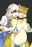  absurd_res anthro big_breasts blush bodily_fluids bovid bovine breast_grab breast_milking breasts clothed clothing felid female fur hair hand_on_breast hi_res horn lactating machine mammal milking_machine nipples pantherine pregnant smile stripes tiger treyer 