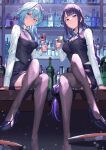  2girls absurdres alternate_legwear arm_at_side bangs bar bartender black_hairband black_necktie black_skirt black_vest blue_hair blush bottle braid braided_ponytail breasts collared_shirt crossed_legs cup drinking_glass eula_(genshin_impact) garter_straps genshin_impact hair_ornament hairband hand_up highres holding holding_cup light_frown long_hair looking_at_viewer medium_breasts medium_hair mole mole_under_eye multiple_girls necktie on_table pencil_skirt purple_eyes purple_hair raiden_shogun shirt shot_glass sidelocks sitting skirt snowflakes table thighhighs thighs vest white_shirt wine_bottle xkirara39x 