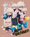  1boy absurdres blue_eyes child commentary_request highres hunter_x_hunter killua_zoldyck long_sleeves looking_at_viewer nakamu_405 open_mouth shirt short_hair shorts simple_background skateboard spiked_hair white_hair 