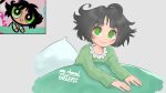  1girl absurdres artist_name bangs black_hair bright_pupils buttercup_(ppg) buttercup_redraw_challenge derivative_work eyebrows_visible_through_hair green_eyes green_pajamas grey_background guschannel123 highres long_sleeves looking_at_viewer messy_hair pillow powerpuff_girls reference_inset screencap_redraw smile solo under_covers white_pupils 