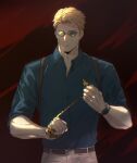  1boy adam&#039;s_apple bangs belt blonde_hair blue_shirt closed_mouth collared_shirt dark_background dress_shirt ega_(egavinote) hand_wraps highres holding holding_necktie holster jujutsu_kaisen long_sleeves looking_at_viewer male_focus mature_male nanami_kento necktie necktie_removed pants parted_hair partially_unbuttoned round_eyewear serious shirt short_hair sleeves_rolled_up solo standing sunglasses two-tone_background watch wristwatch 