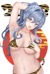 1girl 2022 :d absurdres animal_print arm_behind_head arm_up armpits bajitohfu bangs bikini blue_eyes blue_hair collarbone cum cum_on_armpits eyebrows_visible_through_hair gotland_(kancolle) hair_between_eyes hand_on_own_chest highres kantai_collection long_hair looking_at_viewer mole mole_under_eye smile solo standing swimsuit tail tiger_print tiger_tail upper_body white_background yellow_bikini 