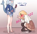  2girls animal_costume animal_hood bangs blonde_hair blue_eyes blue_hair blunt_bangs blush bottomless breasts cellphone clenched_teeth collared_shirt controller cypher_05 detective dress_shirt feet female_ejaculation female_orgasm fish_tail full-face_blush full_body gawr_gura hair_ornament highres hololive hololive_english hood hoodie implied_vibrator long_sleeves monocle_hair_ornament multicolored_hair multiple_girls necktie orgasm phone remote_control remote_control_vibrator sex_toy shark_tail shirt short_hair silver_hair simple_background skirt smartphone smile socks squatting streaked_hair sweat tail teeth thighhighs trembling vibrator virtual_youtuber watson_amelia white_shirt wide_sleeves yuri 