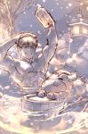  1boy abs arm_up bara barrel beer_mug biceps boar cup highres horns male_focus monochrome mug muscular muscular_male nipples onsen original pectorals short_hair smile snowing solo stomach tokonatu towel towel_on_head unfinished 