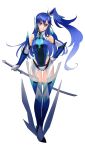  1girl absurdres ass_visible_through_thighs bangs bare_shoulders blue_hair boots breasts elbow_gloves gloves hair_between_eyes hair_ornament hand_on_hip highres kazanari_tsubasa looking_at_viewer nyanmaru purple_eyes senki_zesshou_symphogear shiny shiny_hair side_ponytail simple_background small_breasts smile solo sword thigh_boots thighhighs weapon white_background 