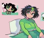  1girl black_hair blush breasts buttercup_(ppg) buttercup_redraw_challenge derivative_work green_eyes green_hair green_pajamas gyabu large_breasts looking_at_viewer messy_hair midriff multicolored_hair older pillow powerpuff_girls reference_inset screencap_redraw shadow smile solo streaked_hair under_covers 