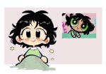  1girl archived_source bangs black_hair blush buttercup_(ppg) buttercup_redraw_challenge derivative_work green_eyes green_pajamas looking_at_viewer messy_hair powerpuff_girls reference_inset screencap_redraw short_hair smile solo under_covers yuuechii 