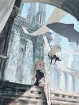  1girl absurdres bare_legs black_dress black_footwear blonde_hair blue_eyes building character_request commentary_request dress flying_animal full_body ghost highres nier_(series) nier_reincarnation outdoors parted_lips short_dress sitting sleeveless sleeveless_dress slippers solo twintails yuu_akine 