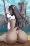 1girl artist_name ass back black_hair blue_eyes blue_sky blurry blurry_background closed_mouth cloud commentary commentary_request day depth_of_field fence from_behind hair_ornament highres junketsu kill_la_kill kiryuuin_satsuki long_hair looking_at_viewer looking_back outdoors panties revealing_clothes sauvagex shrug_(clothing) sitting sky solo thighhighs thong underwear white_legwear white_panties wooden_fence 