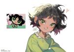  1girl artist_name bangs black_hair buttercup_(ppg) buttercup_redraw_challenge derivative_work eyebrows_visible_through_hair green_eyes green_pajamas heart highres looking_at_viewer messy_hair mochi_mun powerpuff_girls reference_inset screencap_redraw shadow simple_background smile solo white_background 