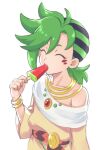  1boy black_hair eating facial_mark food green_hair hair_between_eyes highres holding holding_food jewelry mauro_abelard multicolored_hair necklace off_shoulder otoko_no_ko popsicle riku_son shadowverse shadowverse_(anime) simple_background solo spiked_hair tunic two-tone_hair watermelon_bar white_background 