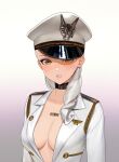 1girl banned_artist barcode barcode_tattoo breasts choker cleavage epaulettes hat large_breasts looking_at_viewer military military_hat military_uniform open_mouth original profile solo tattoo uniform upper_body white_background white_hair yellow_eyes zumi_(zumidraws) 