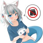  1girl :o animal_ear_fluff animal_ears bakedmonogamy bangs blue_eyes blue_hair blue_shirt blush bottomless cat_ears clothes_lift eyebrows_visible_through_hair eyes_visible_through_hair gawr_gura hair_ornament highres hololive hololive_english looking_at_viewer multicolored_hair navel no_pants no_symbol shark_girl shark_hair_ornament sharp_teeth shirt shirt_lift sidelocks speech_bubble streaked_hair t-shirt tail_censor teeth two-tone_hair two_side_up white_hair 