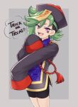  1boy bike_shorts black_hair english_text facial_mark green_hair halloween halloween_costume hat jewelry jiangshi jiangshi_costume looking_at_viewer mauro_abelard multicolored_hair off_shoulder ofuda open_mouth purple_eyes qing_guanmao riku_son shadowverse shadowverse_(anime) sleeves_past_fingers sleeves_past_wrists smile solo spiked_hair trick_or_treat two-tone_hair 