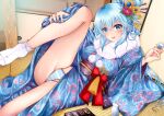  1girl alcohol aqua_(konosuba) blue_eyes blush breasts cleavage cup fukukaminai hair_bobbles hair_ornament hair_rings highres japanese_clothes kimono kono_subarashii_sekai_ni_shukufuku_wo! long_hair medium_breasts new_year sake short_kimono signature solo thighhighs very_long_hair 