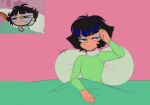  1girl buttercup_(ppg) buttercup_redraw_challenge derivative_work eyeshadow green_eyes green_pajamas half-closed_eyes hand_up highres long_hair makeup messy_hair pillow pink_background powerpuff_girls reference_inset screencap_redraw signature smidg3n solo upper_body 