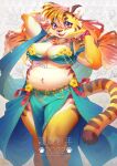  anthro aruurara belly big_breasts bikini bikini_top breasts clothed clothing felid female flower fur hair hi_res jewelry looking_at_viewer mammal navel open_mouth pantherine plant slightly_chubby smile solo swimwear tiger 