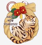  2022 7mb_yut :p animal animal_focus artist_name commentary facial_hair flower happy_new_year horns league_of_legends mustache new_year no_humans poro_(league_of_legends) rope simple_background tassel tiger toes tongue tongue_out white_background yellow_eyes 
