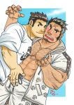  2boys abs bara blush bulge casual cheek-to-cheek chest_hair covered_nipples cross-laced_clothes cross-laced_legwear cross-laced_sleeves cross_scar crotch_grab feet_out_of_frame heads_together houzouin_oniwaka interracial jacket long_sideburns looking_at_viewer male_focus master_3_(housamo) mature_male moritas_(mochi_m) multiple_boys muscular muscular_male navel nipples official_alternate_costume open_clothes open_jacket paw_print pectoral_cleavage pectorals scar scar_on_face scar_on_forehead short_hair sideburns smile thick_eyebrows tokyo_afterschool_summoners yaoi 
