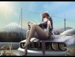  1girl absurdres azur_lane bare_shoulders black_footwear bodystocking bow breasts brown_hair car cleavage_cutout clothing_cutout elbow_gloves extra_ears feet fingerless_gloves full_body gloves ground_vehicle hair_flaps high_heels highres holding holding_shoes kcar66t large_breasts leotard long_hair looking_at_viewer motor_vehicle multicolored_leotard official_alternate_costume outdoors race_queen shoes sitting_on_hair solo takao_(azur_lane) takao_(full_throttle_charmer)_(azur_lane) two-tone_leotard unitard very_long_hair white_bow white_gloves yellow_eyes 