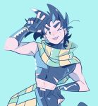  1boy :p battle_tendency black_hair blue_nails fingerless_gloves gloves gogeyama green_scarf hand_on_hip jojo_no_kimyou_na_bouken joseph_joestar joseph_joestar_(young) male_focus midriff nail_polish one_eye_closed salute scarf solo spiked_hair striped striped_scarf tongue tongue_out two-finger_salute yellow_scarf 