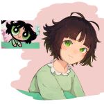  1girl absurdres bangs black_hair blunt_bangs blush buttercup_(ppg) buttercup_redraw_challenge deho_toiimasu green_eyes green_shirt highres long_sleeves looking_at_viewer pink_background powerpuff_girls shadow shirt short_hair smile solo under_covers upper_body 