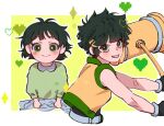  2girls black_hair blush buttercup_(ppg) buttercup_redraw_challenge chojo_jocho cropped_torso derivative_work green_eyes green_pajamas heart holding holding_mallet long_sleeves looking_at_viewer mallet matsubara_kaoru messy_hair multiple_girls outline parted_lips powered_buttercup powerpuff_girls powerpuff_girls_z sleeveless smile upper_body white_outline 