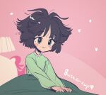  1girl black_hair blush buttercup_(ppg) buttercup_redraw_challenge character_name derivative_work green_eyes green_pajamas highres lamp long_sleeves looking_at_viewer messy_hair pillow pink_background powerpuff_girls reference_inset screencap_redraw smile soe solo sparkle under_covers 