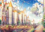  artist_name blue_sky bridge castle cloud confetti day door fantasy floating_island garutaisa no_humans original outdoors scenery sky streamers window 