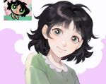  1girl bangs black_hair blush bright_pupils buttercup_(ppg) buttercup_redraw_challenge chejamong derivative_work green_pajamas highres looking_at_viewer medium_hair messy_hair powerpuff_girls reference_inset screencap_redraw shadow smile solo white_pupils 