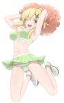  1girl absurdres akatsuki_kirika arm_up ass_visible_through_thighs blaze_(blaze_pso2) blonde_hair blush breasts cameltoe cheerleader covered_nipples crop_top full_body green_eyes highres holding looking_at_viewer medium_breasts midriff navel open_mouth panties senki_zesshou_symphogear shiny shiny_hair shirt short_hair simple_background skirt sleeveless sleeveless_shirt smile solo star_cutout striped striped_panties underwear white_background 