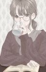  1girl book brown_eyes brown_hair coffee_mug cup drinking ears glasses knit_sweater looking_at_viewer mug open_book original ponytail sitting sleeves_past_wrists solo sweater upper_body yuum1709 